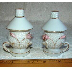 Vtg Porcelain Hurricane Lamp Salt & Pepper SHAKERS, Japan, Hobnail & Pink Roses
